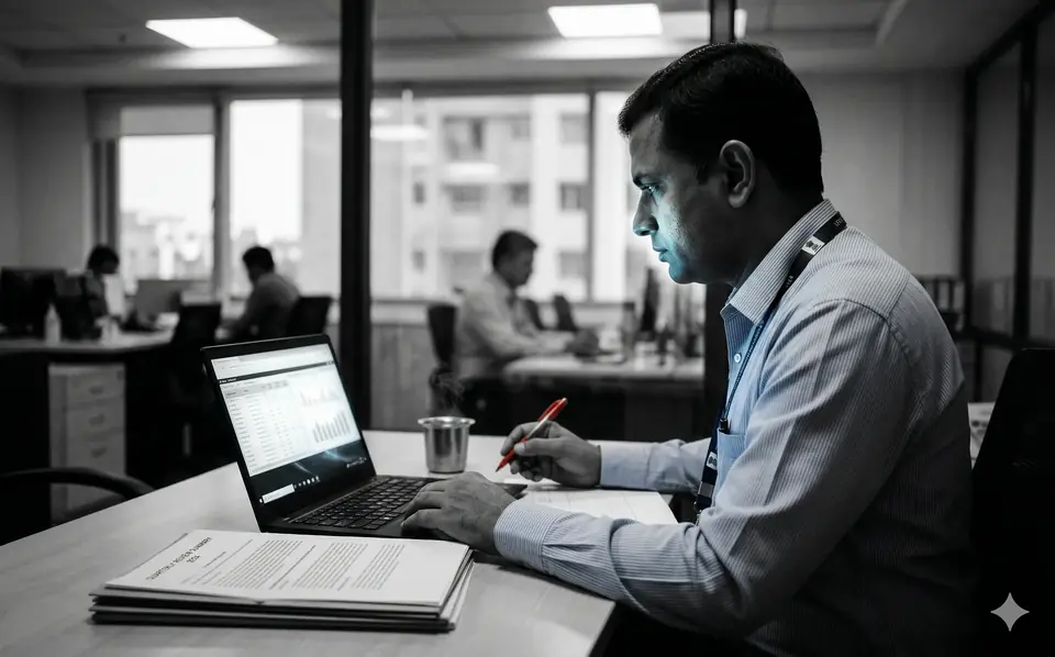 A procurement officer reviewing documents at a laptop
